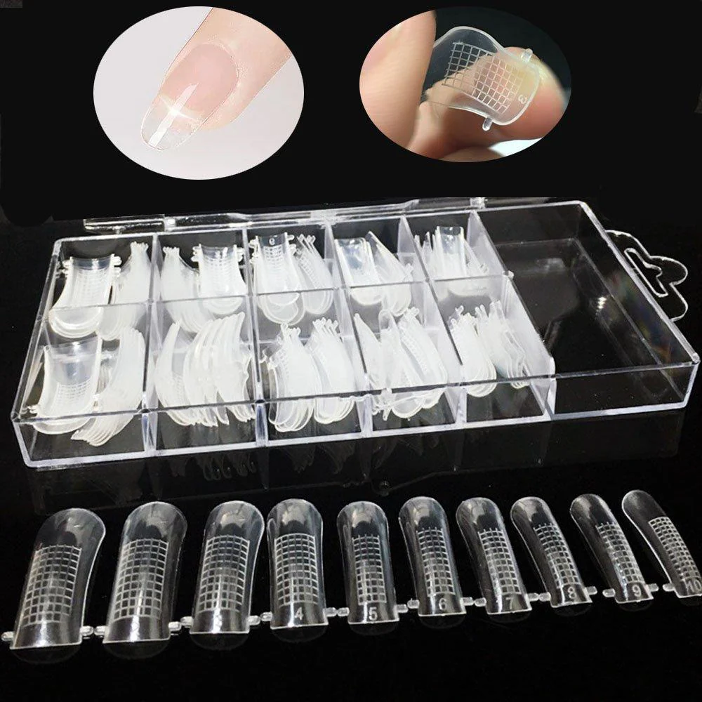 100pcs False Nail Mold Clear Full Cover Polygel Nail Tips UV Gel Tool Dual Acrylic Nail Extension Forms 10 Size