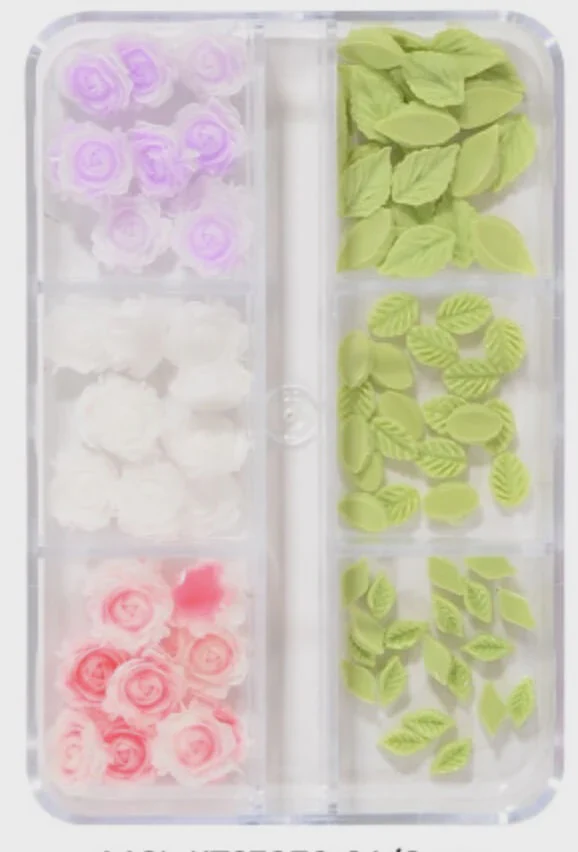 Nail Charm 3D Mix Rose and Green Leave 6 Design/Box z270